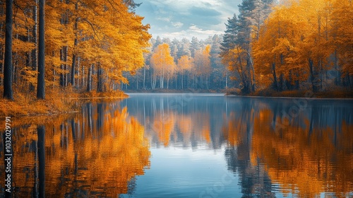 Autumn trees reflecting in a calm lake with misty mountains in the background, creating a serene and tranquil atmosphere