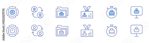 Work icon set in two styles, Duotone and Thin Line style. Editable stroke. time management, id card, collaborate, telecommuting, work, remote working
