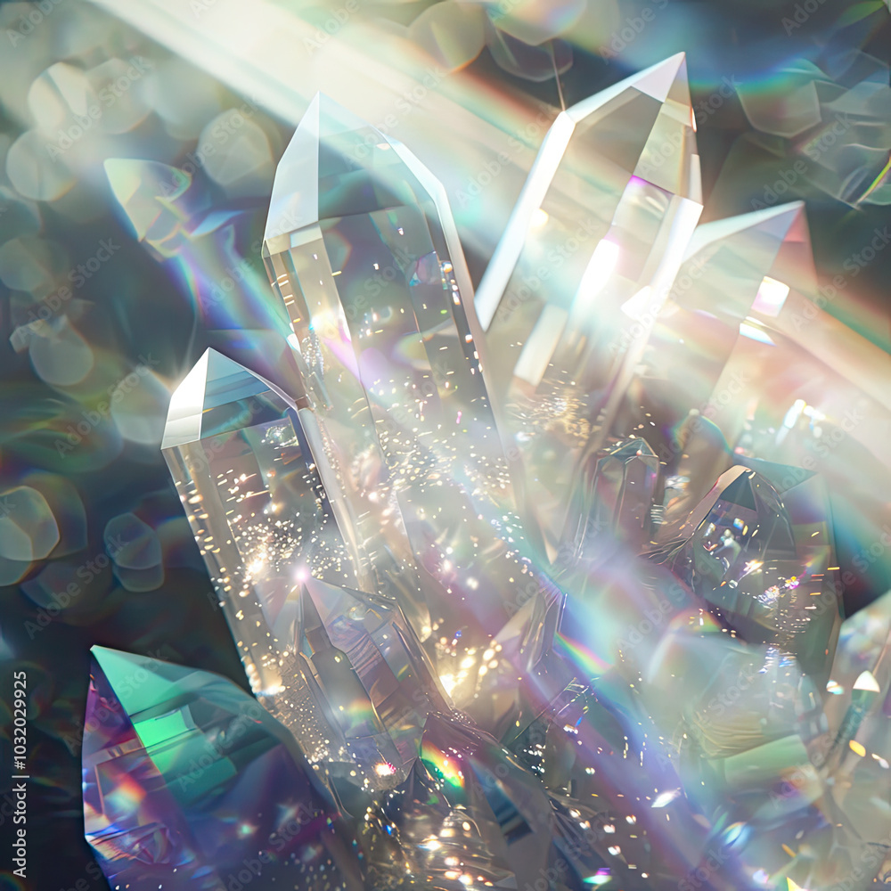 Cluster of Quartz Crystals in Mid-Air, Surrounded by Light Particles and Rainbow Refractions Cluster of Quartz Crystals in Mid-Air, Surrounded by Light Particles and Rainbow Refractions