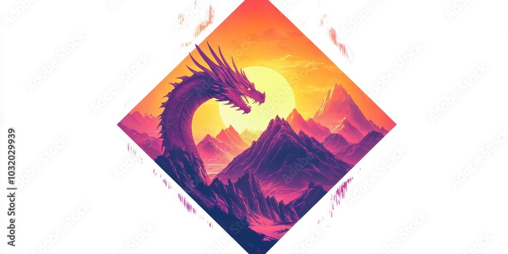 Purple dragon and mountains at sunset.