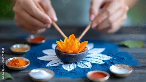 Elaborate and Intricate Rangoli Design Made with Vibrant Colored Powders for the Diwali Festival in India  Traditional Hindu Ritual of Creating Decorative Floor Patterns photo