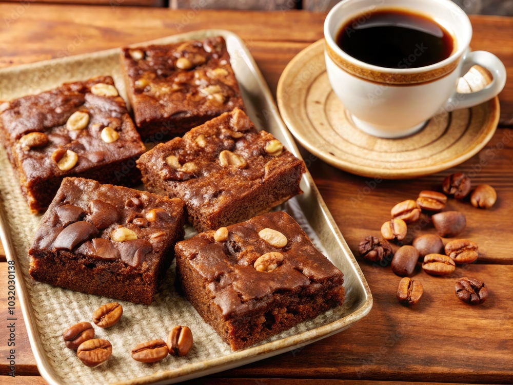 Rich chocolate brownies arranged next to a steaming coffee cup. Rich chocolate brownies arranged next to a steaming coffee cup.