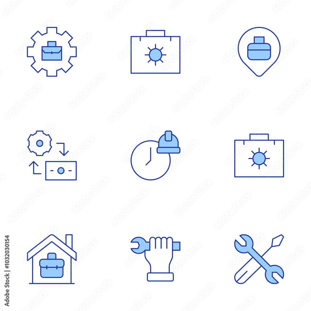 Work icons set. Line Duotone style, editable stroke. work in progress, tool, pin, wrench, working hours, working, work from home, exchange Work icons set. Line Duotone style, editable stroke. work in progress, tool, pin, wrench, working hours, working, work from home, exchange