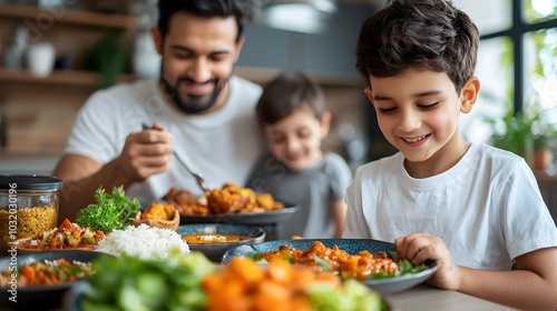 A family enjoys a large and vibrant Diwali feast together with an abundance of colorful traditional Indian dishes spread out on the table