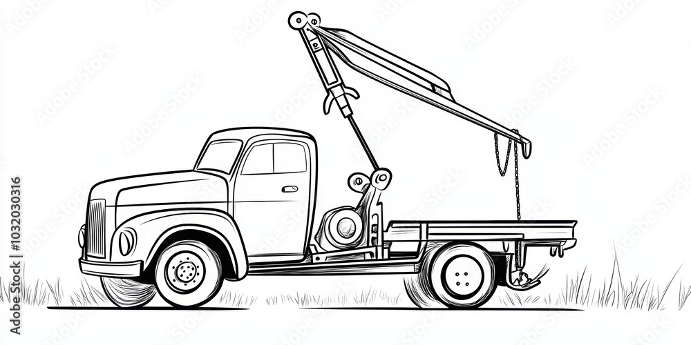 Black and white line drawing of a tow truck. Black and white line drawing of a tow truck.
