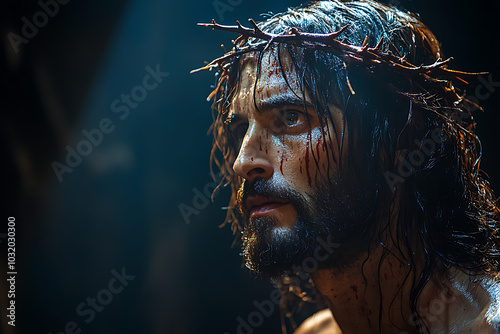 Jesus Christ illuminated by a single beam of light from above. A crown of thorns rests on His head, casting soft shadows on His serene face. The scene is somber and reverent 