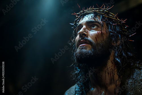 Jesus Christ illuminated by a single beam of light from above. A crown of thorns rests on His head, casting soft shadows on His serene face. The scene is somber and reverent 