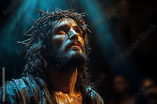 Jesus Christ illuminated by a single beam of light from above. A crown of thorns rests on His head, casting soft shadows on His serene face. The scene is somber and reverent 