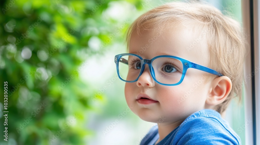 Young child wearing blue glasses focusing on distant tree outside window, symbolizing myopia prevention and importance of outdoor activities. Young child wearing blue glasses focusing on distant tree outside window, symbolizing myopia prevention and importance of outdoor activities.
