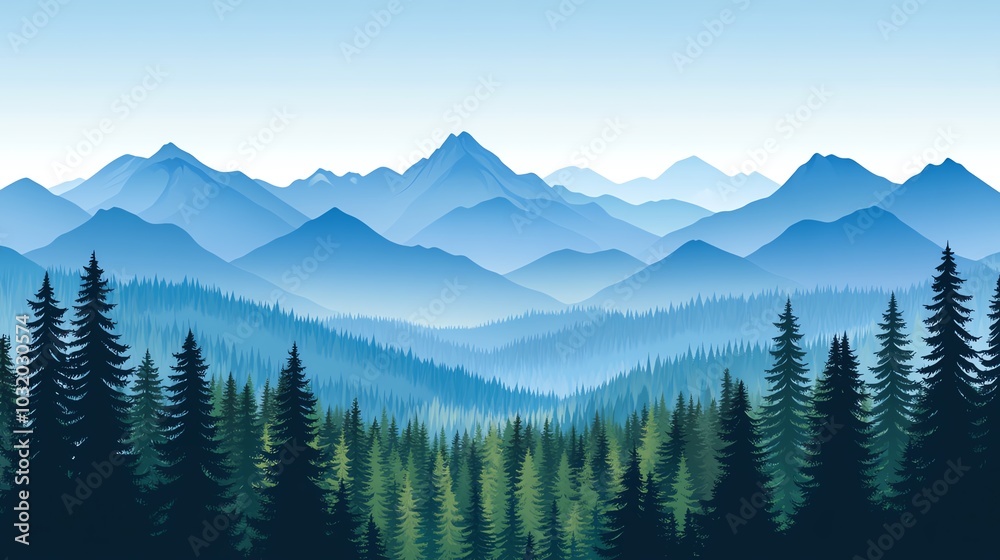 Scenic view of layered mountains with pine forest in the foreground, under a clear blue sky, illustrating tranquility and natural beauty. Scenic view of layered mountains with pine forest in the foreground, under a clear blue sky, illustrating tranquility and natural beauty.