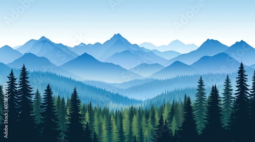 Scenic view of layered mountains with pine forest in the foreground, under a clear blue sky, illustrating tranquility and natural beauty.