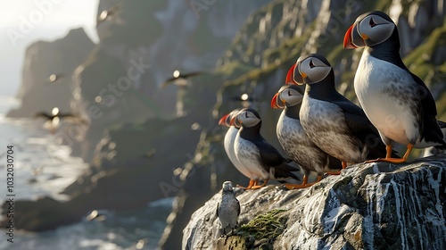 Group of puffins gathering on a rocky cliff overlooking the ocean. photo