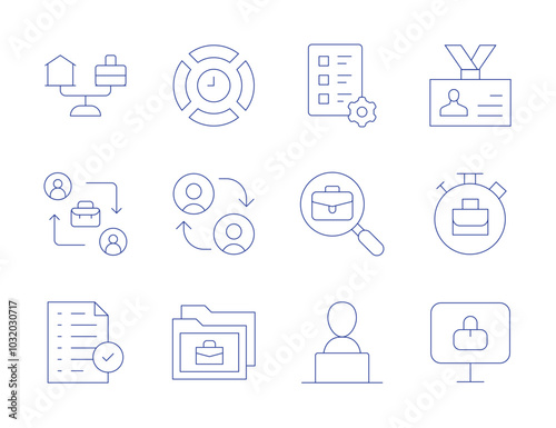 Work icons. Thin Line style, editable stroke. balance, evaluation, shift, job search, result, online learning, time management, id card, collaborate, telecommuting, work, remote working