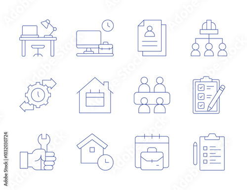 Work icons. Thin Line style, editable stroke. mobility, meeting, work, work table, working, work team, working at home, check, wrench, briefcase, checklist