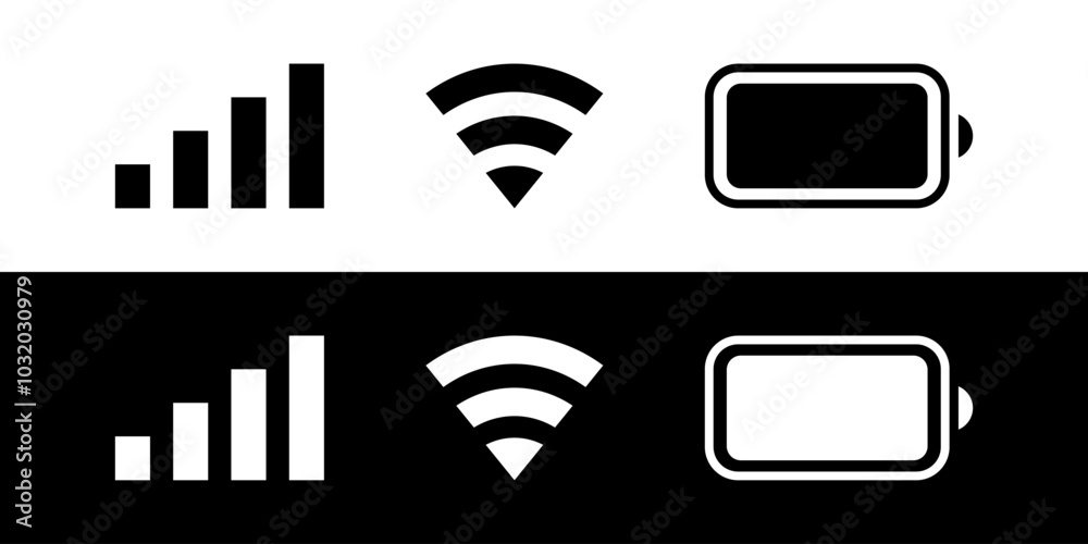 iPhone ios notification bar wifi signal battery user interface icons. Black white icon set of phone ui vector illustration