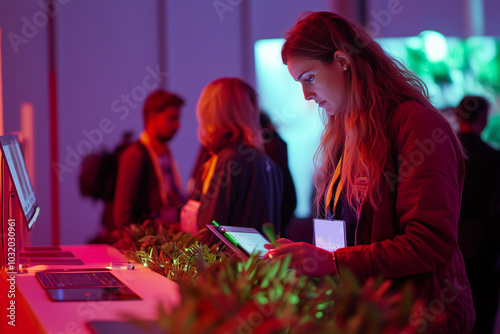 Delegates interacting with climate simulation technologies at COP30..A woman is intently looking at a tablet while in a dark room photo