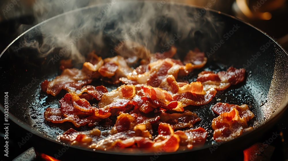 Fried bacon sizzling in a pan, steam rising, appetizing and delicious. Fried bacon sizzling in a pan, steam rising, appetizing and delicious.