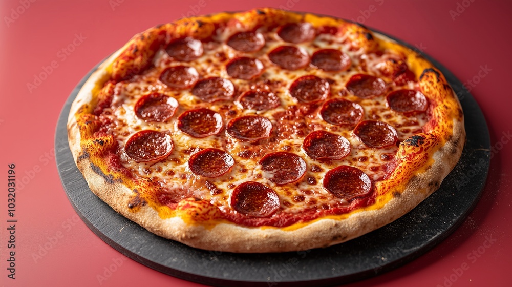 a pepperoni pizza, with crispy edges and gooey cheese, displayed on a round pizza stone, on a clear red background, a product shot, a pepperoni pizza, with crispy edges and gooey cheese, displayed on a round pizza stone, on a clear red background, a product shot,