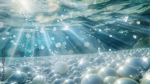 Crystal-clear riverbed covered with glowing pearls, fish swim gently in sunlight-filtered water. photo
