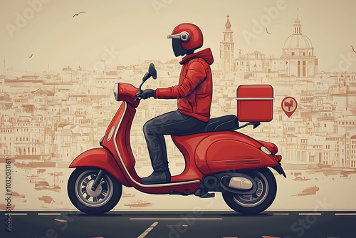 Illustration of a cartoon-style delivery man on a scooter, featuring a digital map with route from restaurant to customer in vector design.
 photo