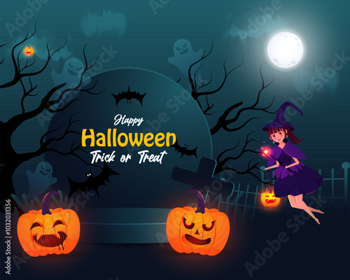 Happy Halloween Trick or Treat pedestal podium haunted background design with spooky little witch with pumpkins.