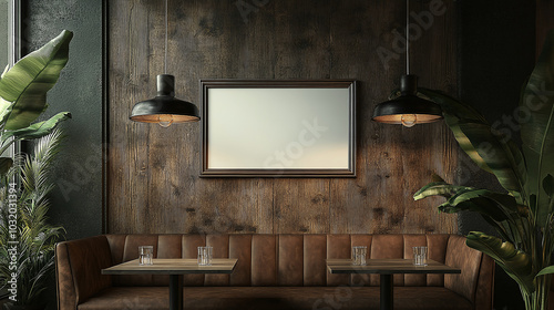 A blank picture frame hanging on the old textured wooden wall in a cosy old english or irish pub photo