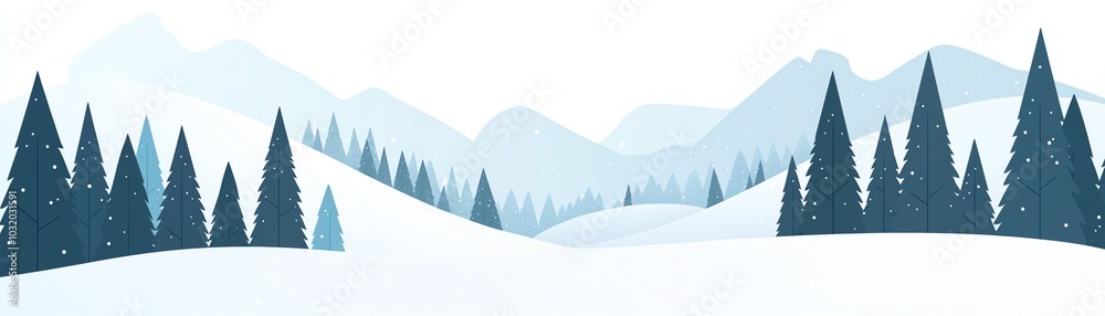 Fototapeta premium Scenic winter landscape illustration with snowy hills and pine trees, creating a peaceful and serene forest backdrop against a mountain range.