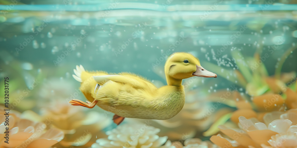 A yellow duck swimming serenely in a clean aquarium, illustrating the peacefulness of domestic animal life. A yellow duck swimming serenely in a clean aquarium, illustrating the peacefulness of domestic animal life.