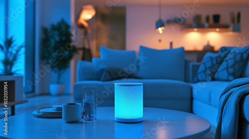 A Smart Speaker with Blue Light in a Living Room