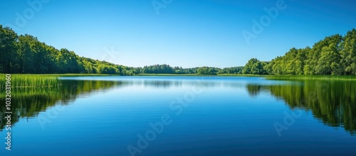 Tranquil lake with green trees reflected in the water on a sunny day.