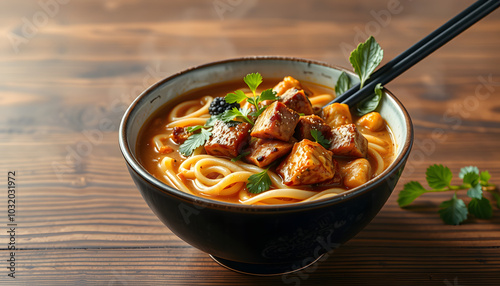 Miso Ramen Asian noodles soup with tempeh or tempe  in a bowl. Health food for healthy eating for vegans & vegetarians . Asian style food isolated with white highlights, png photo