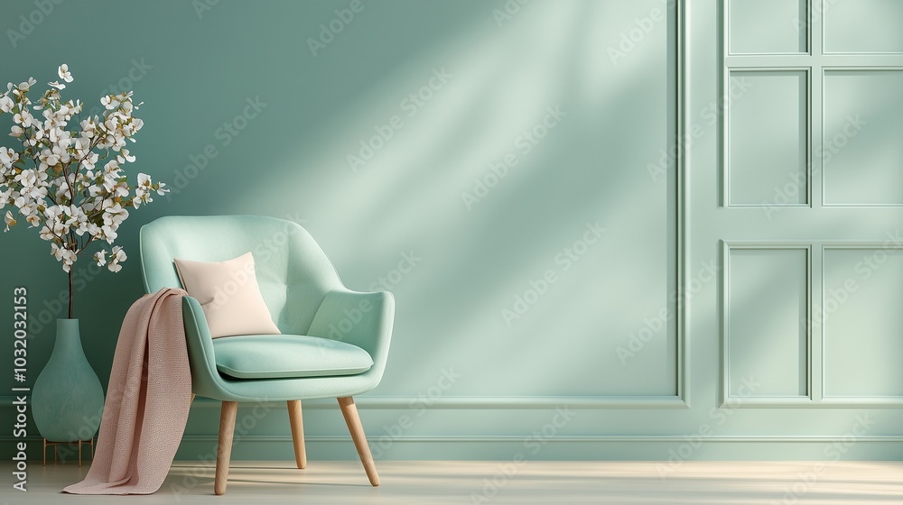 A serene corner featuring a mint green chair, soft blanket, and blooming flowers, creating a cozy and inviting atmosphere. A serene corner featuring a mint green chair, soft blanket, and blooming flowers, creating a cozy and inviting atmosphere.