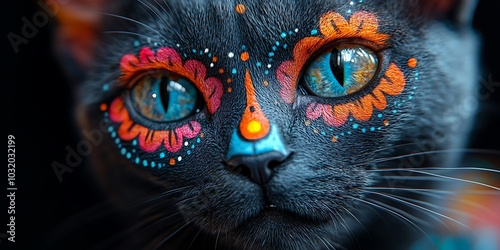 
Whimsical Cat with a Colorful Painted Face
