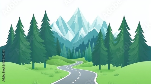 Scenic mountain landscape with winding road, surrounded by lush pine forest under clear blue sky, perfect for nature and travel themes.