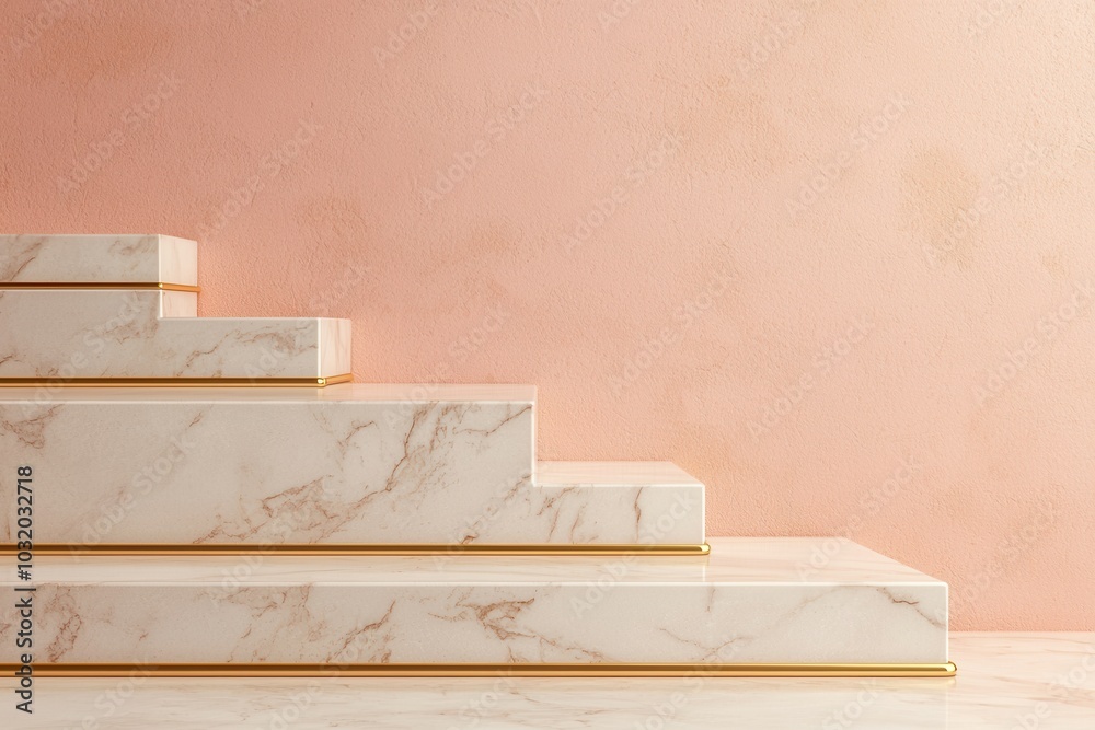 A minimalist image of marble steps against a soft pink wall emphasizing clean lines and elegant surfaces