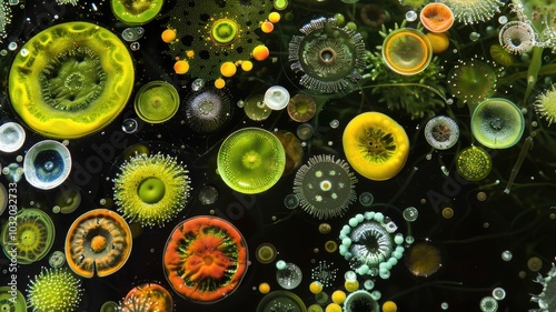 Vibrant microscopic life forms in colorful abstract patterns