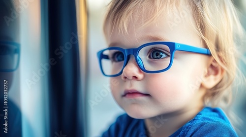 Young child wearing blue glasses focusing on distant tree outside window, symbolizing myopia prevention and importance of outdoor activities.