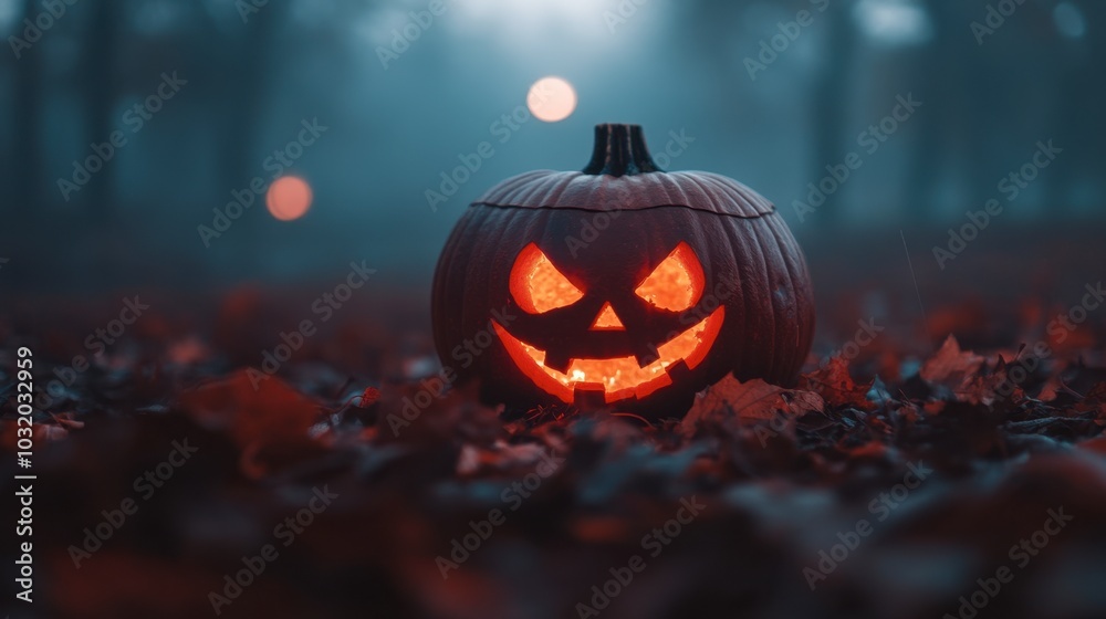 Spooky Pumpkin in Foggy Autumn Forest Scene Spooky Pumpkin in Foggy Autumn Forest Scene