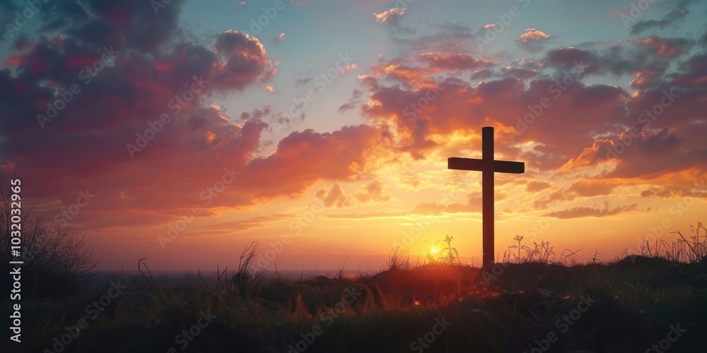 Grave Cross Meadow religious under sunset sky and cloud Grave Cross Meadow religious under sunset sky and cloud