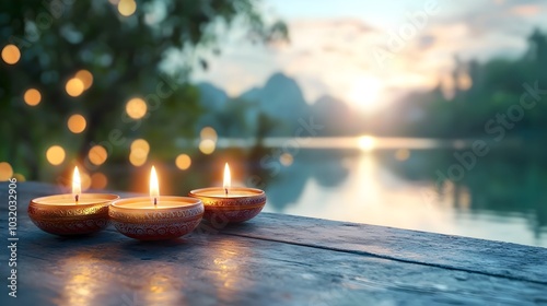 Glowing Diwali candles casting a warm peaceful glow along a serene dimly lit pathway  Traditional Indian festival of lights creating a tranquil spiritual ambiance photo