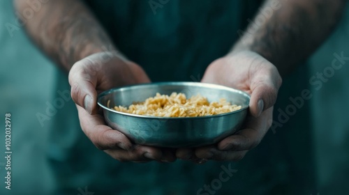 Hands Holding Bowl of Rice. photo