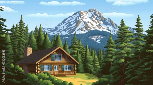 Scenic view of a cozy cabin nestled in lush evergreen forest with majestic snowy mountain in the background, under a clear blue sky.