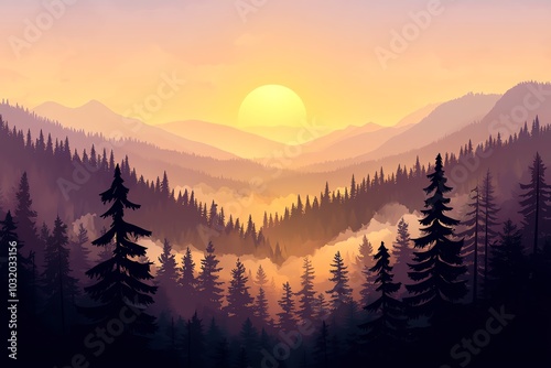 Serene sunset over a forest landscape with pine trees and distant mountains, casting a warm glow in the sky.