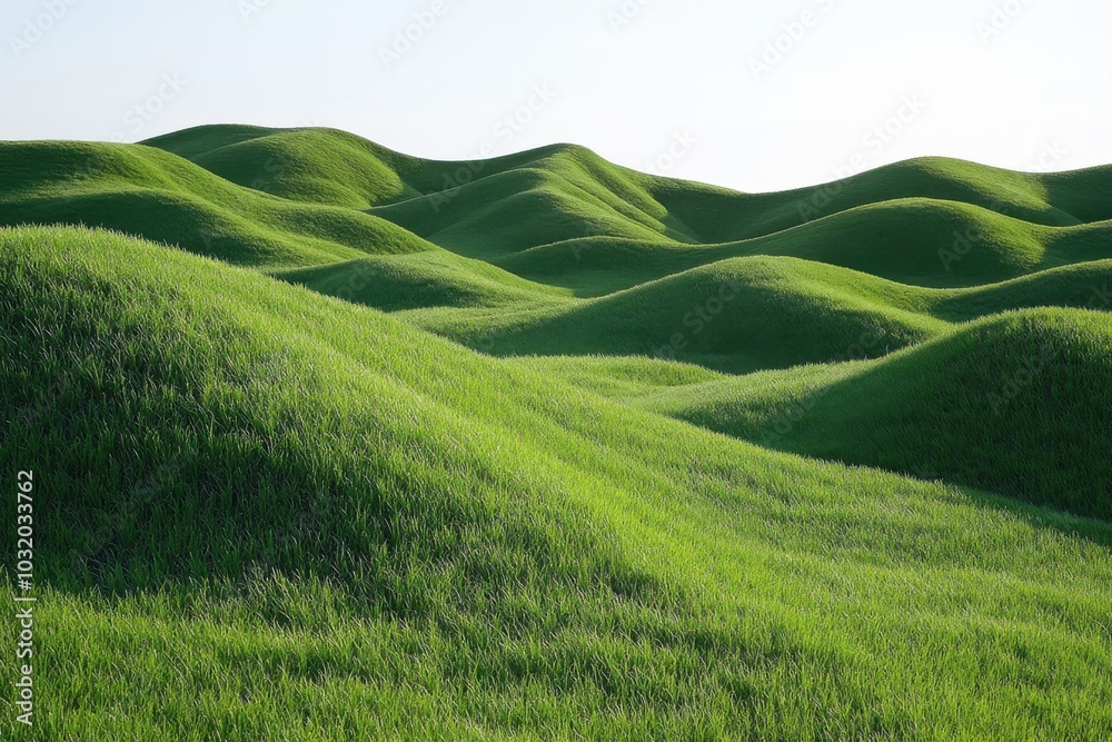 A peaceful landscape of soft green hills covered in vibrant grass, creating a serene and undulating view beneath a clear and open sky