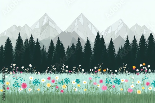 Serene landscape with colorful flowers in a lush meadow, forest background, and majestic mountains under a clear sky.