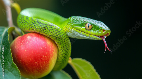 Green snake with apple - symbol of a primal sin