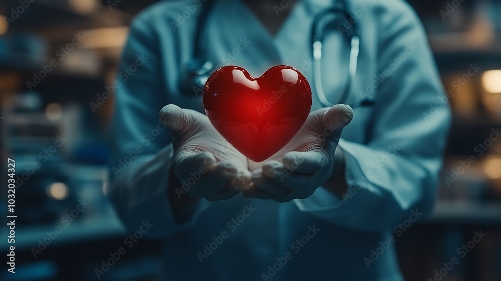 Mysterious doctor with no visible face displaying a bright red heart against a blurred backdrop of medical equipment creating an impactful image with ample space for text on the left side Mysterious doctor with no visible face displaying a bright red heart against a blurred backdrop of medical equipment creating an impactful image with ample space for text on the left side