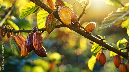 Ripe cacao pods on tree branch in sunlight, vibrant agriculture. Organic farming and harvest concept.