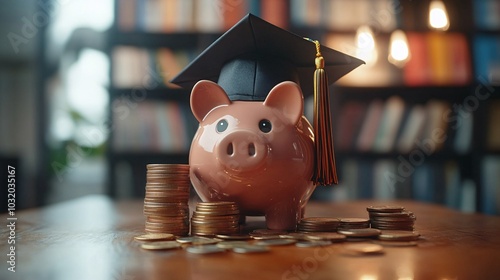 Piggy bank wearing a graduation