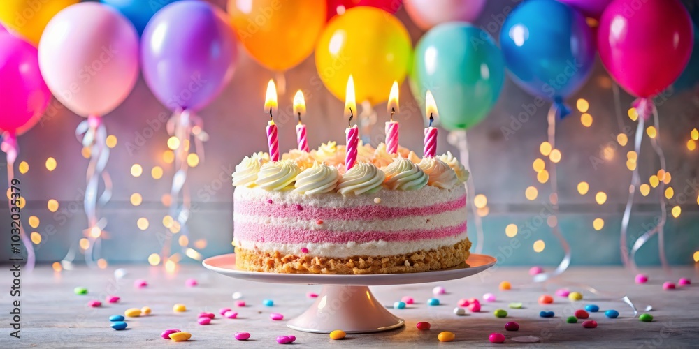 Birthday Cake with Candles and Balloons, celebration, party Birthday Cake with Candles and Balloons, celebration, party